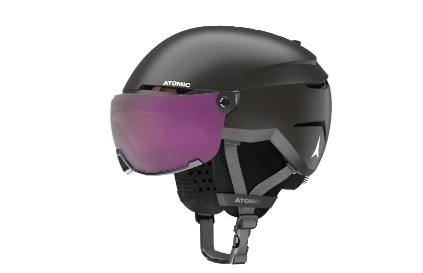 Schwarz-weißer Skihelm mit lila Visier