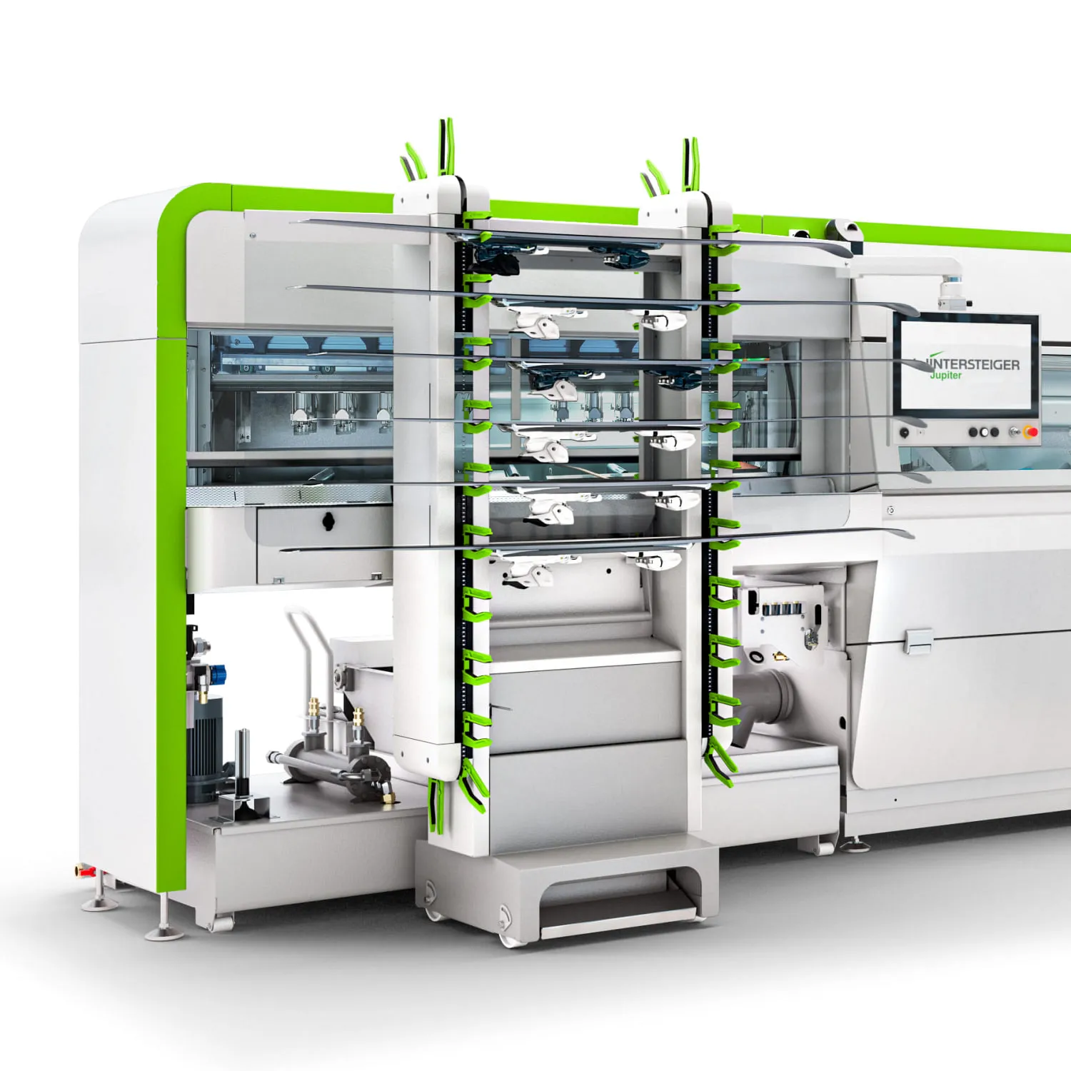 Moderne Maschinenanordnung mit grünen Akzenten und Bildschirmen